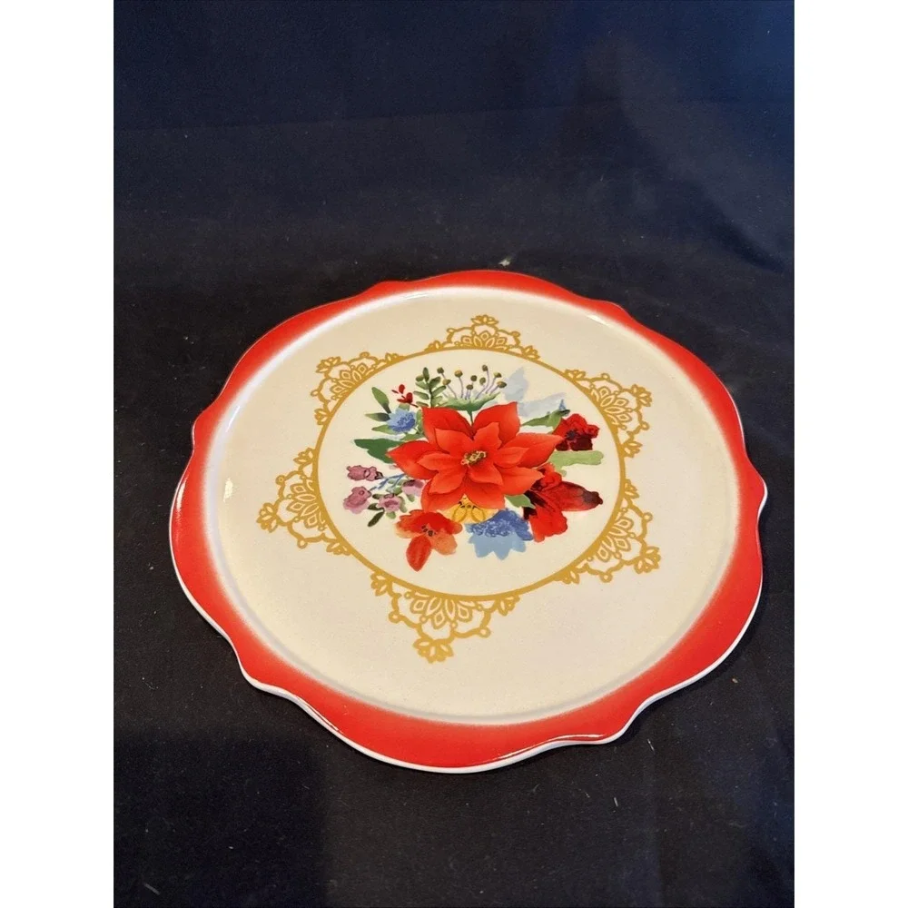 Pioneer Woman Winter Bouquet Holiday Cake Plate Polka Dot Etched Glass Dome NIB